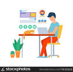 Person working in office using laptop, male with cat laying on desk, plants in pots. Screen with users profile, worker with business project. Vector illustration in flat cartoon style. Freelancer Working in Office, Coder with Laptop