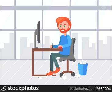 Person working in office vector, business workplace with appliances and cozy atmosphere. Male with red hair and beard, developer programmer at work. Freelancer Working on Laptop, Office Worker Job