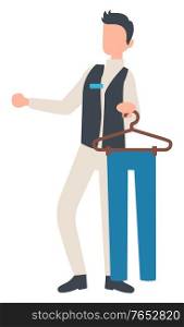 Person working in shop as consultant vector, isolated character giving consultation and advice. Man with trousers pants hanging on hanger flat style. Man Consultant Holding Trousers Pants on Hanger
