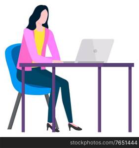 Person working on computer vector, lady sitting by table looking at monitor screen of laptop. Worker businesswoman surfing web flat style character. Woman Working From Home, Distant Worker Vector