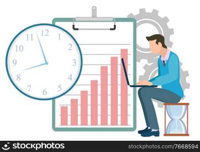 Person working on laptop sitting on hourglass vector, cogwheel and clipboard with infocharts growing graphics. Businessman coder with computer flat style. Coder with Laptop Time Management Clock Vector