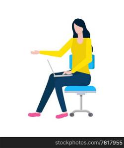 Person working on laptop vector, character with computer surfing web and internet, online user, female looking at screen, monitor with info flat style. Woman with Laptop, Worker Secretary Lady on Chair