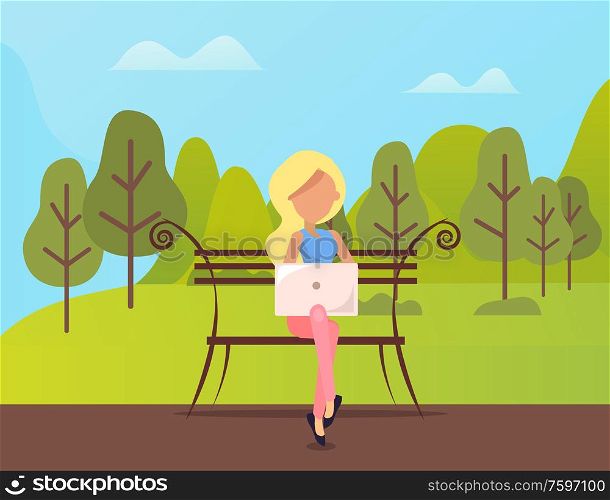 Person working on personal computer vector, lady sitting on bench in park, distant worker freelance lady. Blond woman freelancer in nature environment. Woman Sitting on Bench in Park Using Laptop PC