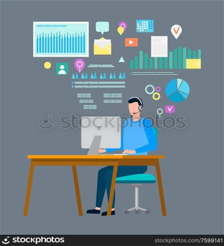 Person working with data info of project vector, freelancer with laptop, charts and gear signs, icon of envelope email, digital pointer location cogwheel. Freelancer with Laptop and Screens with Charts