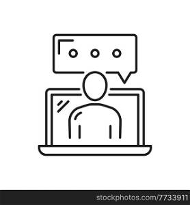 Person writing message on computer isolated thin line icon. Vector copywriter or writer typing text online, distance education and examination, chat or online support, content editor typewriter. Online support, content editor typing on laptop