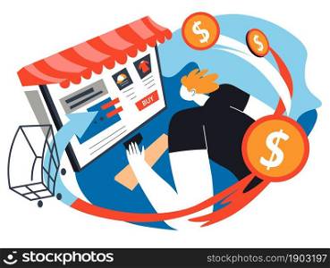 Personage buying products in online web stores, making order and paying for service with card. Ecommerce and market, trade and marketing for new customers and loyal clients. Vector in flat style. Shopping and buying online, making order in web