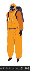 Personage wearing protective costume made of rubber material, isolated worker of disinfection company, medical employee or lab assistant. Hazmat suit with mask and backpack vector in flat style. Protective costume with mask, hazmat suit with rucksack