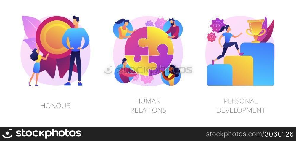 Personal achievement and employees training metaphors. Honour, human relations, self development. Business coaching. Challenge and progress abstract concept vector illustration set.. Personal achievement and employees training abstract concept vector illustrations.