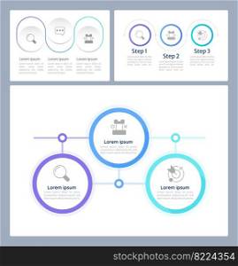 Personal achievements infographic chart design templates set. Editable infochart with icons. Instructional graphics with 3 step sequence. Quicksand, Merriweather Sans, Myriad Pro fonts used. Personal achievements infographic chart design templates set