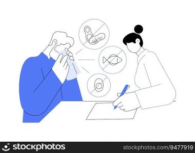 Personal and family allergy medical history abstract concept vector illustration. Elderly patient suffering from allergy talks to doctor, immunology sector, medicine industry abstract metaphor.. Personal and family allergy medical history abstract concept vector illustration.