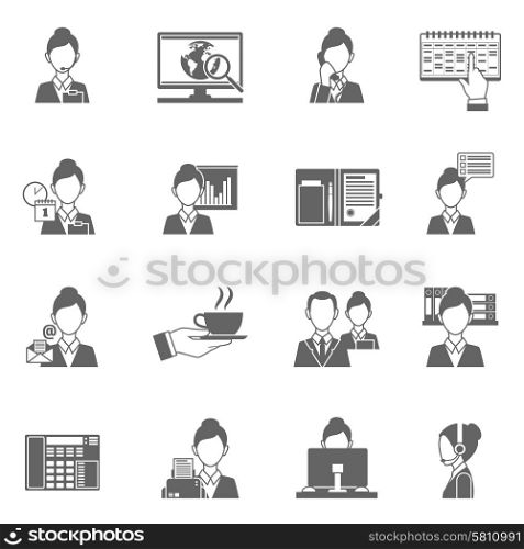 Personal assistant black icons set with secretary work symbols isolated vector illustration. Personal Assistant Icons