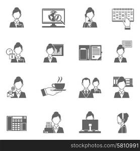 Personal assistant black icons set with secretary work symbols isolated vector illustration. Personal Assistant Icons