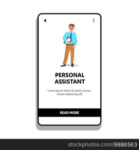 Personal Assistant, Businessman Secretary Vector. Multitask Personal Assistant Young Man Holding Tablet With Paper Checklist. Character Business Employee Web Flat Cartoon Illustration. Personal Assistant, Businessman Secretary Vector