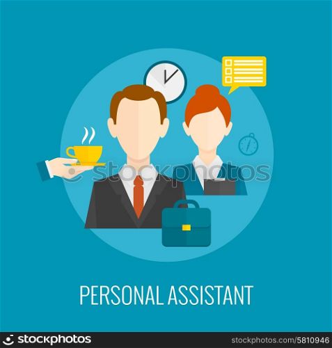Personal assistant concept with coffee and notes on blue background flat icon vector illustration . Personal assistant icon