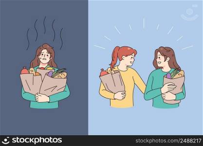 Personal assistant help tired woman with grocery shopping. Smiling caring helper assist exhausted housewife with household chores. Homework and assistance concept. Vector illustration. . Personal assistant help woman with shopping 