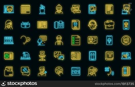 Personal assistant icons set. Outline set of personal assistant vector icons neon color on black. Personal assistant icons set vector neon