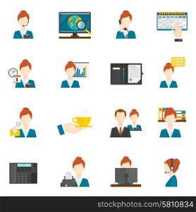 Personal assistant secretary and reception flat icons set isolated vector illustration. Personal Assistant Flat Icons