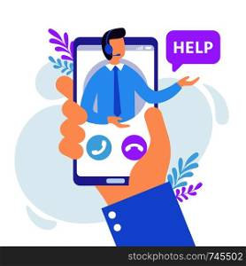 Personal assistant service. Virtual technical support smartphone app, personal consult and online communication. Advice supporting feedback, hotline talk chat professional vector illustration. Personal assistant service. Virtual technical support smartphone app, personal consult and online communication vector illustration