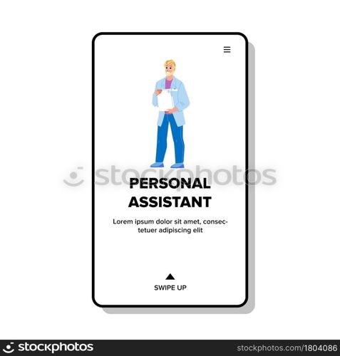 Personal Assistant Standing With Tablet Vector. Businessman Personal Assistant Holding Digital Device For Managing Task. Character Man Employee Working Web Flat Cartoon Illustration. Personal Assistant Standing With Tablet Vector