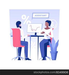 Personal bank assistant isolated concept vector illustration. Businessman talking with brick and mortar bank consultant, professional financial advisor, personal assistance vector concept.. Personal bank assistant isolated concept vector illustration.