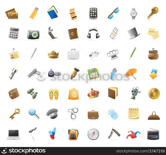 Personal belongings: 56 detailed icons for things you can carry. Vector illustration.