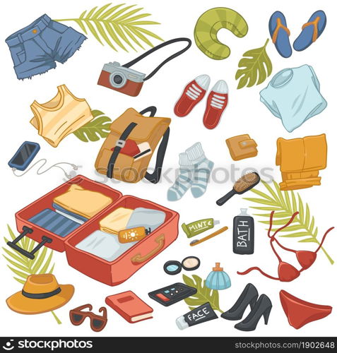 Personal belongings packed for summer holiday, weekends or vacation. Luggage with clothes, camera and hygiene cosmetics products. Swimming suit and brush, book and glasses. Vector in flat style. Summer traveling and voyage belongings kit and bag