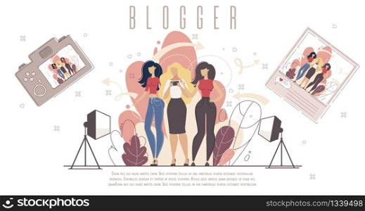 Personal Blog, Online Service for Streamer, Digital Content Maker Banner, Poster Template. Young Women Shooting Selfie Photo, Vlogger Recording, Sharing Video on Camera Trendy Flat Vector Illustration