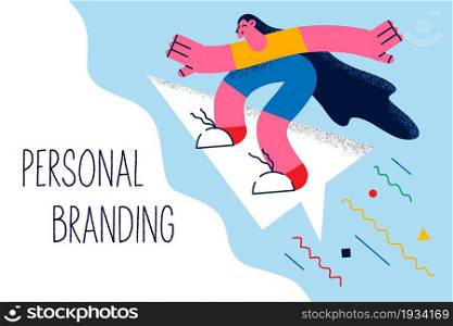 Personal branding and development concept. Young smiling business woman standing surfing on online letter with lettering nearby vector illustration . Personal branding and development concept