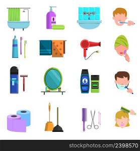 Personal care accessories flat icons set with toothbrush and hair dryer icons collection abstract isolated vector illustration. Personal care products flat icons set