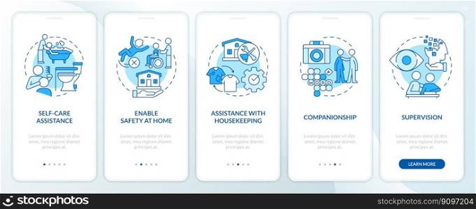 Personal care, assistance services blue onboarding mobile app screen. Walkthrough 5 steps editable graphic instructions with linear concepts. UI, UX, GUI template. Myriad Pro-Bold, Regular fonts used. Personal care, assistance services blue onboarding mobile app screen