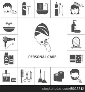 Personal care products icons composition poster. Personal care morning hygienic routine black pictograms collection with woman cleaning her skin poster abstract vector illustration