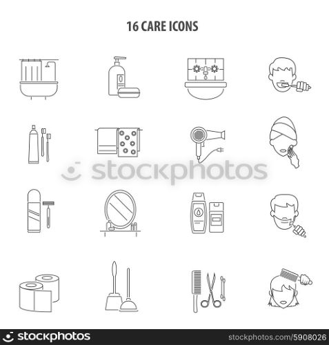 Personal care products icons set line. Personal care hygiene products for men and women bathroom accessories line icons set abstract vector isolated illustration