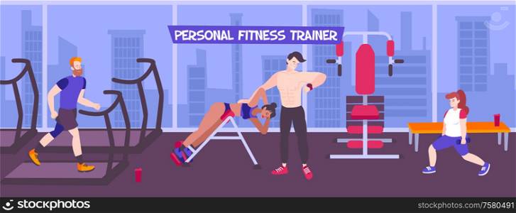 Personal coach sport background with indoor view of fitness hall with panoramic windows cityscape and people vector illustration
