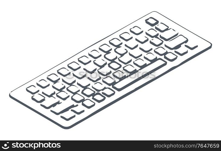 Personal computer keyboard, isolated icon hand drawn and colorless. Monochrome sketch outline of device with buttons to input information on laptop. Keypad for writers typing, vector in flat style. PC Keyboard with Buttons to Input Information