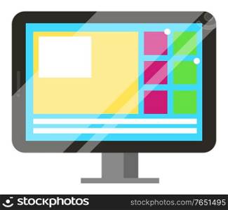 Personal computer or PC, used for work and study, office and school. Electronic device isolated on white background. Square shaped monitor or display turned on. Vector illustration in flat style. Electronic Device Laptop or Personal Computer