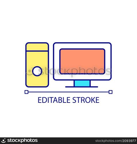 Personal computer RGB color icon. Device for individual using. Lcd display and screen. Desktop computer. Isolated vector illustration. Simple filled line drawing. Editable stroke. Arial font used. Personal computer RGB color icon
