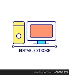 Personal computer RGB color icon. Device for individual using. Lcd display and screen. Desktop computer. Isolated vector illustration. Simple filled line drawing. Editable stroke. Arial font used. Personal computer RGB color icon