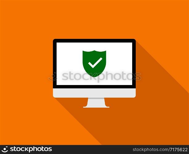 Personal Computer screen in trendy flat style isolated on orange background with green shield checkmark protection symbol. EPS 10. Personal Computer screen in trendy flat style isolated on orange background with green shield checkmark protection symbol.