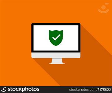 Personal Computer screen in trendy flat style isolated on orange background with green shield checkmark protection symbol. EPS 10. Personal Computer screen in trendy flat style isolated on orange background with green shield checkmark protection symbol.