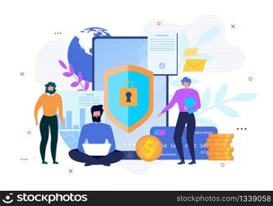 Personal Data Internet Security, Private Account Protection and Safe Financial Transaction. Advertising Poster with People Use Modern Technology Making Online Money Transfer. Vector Flat Illustration. Personal Data Internet Security Advertising Poster