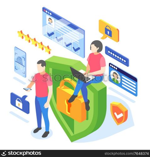 Personal data protection gdpr isometric composition with shield and lock pictograms thought bubbles and human characters vector illustration