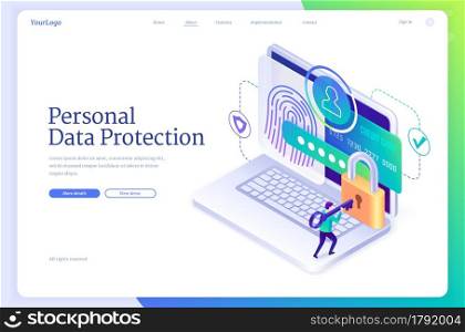 Personal data protection isometric landing page. Internet data cyber privacy, social networks confidential information protect. Tiny person opening huge lock at laptop screen, 3d vector web banner. Personal data protection isometric landing page
