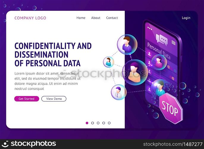 Personal data protection isometric landing page. Internet social networks media cyber privacy, protect confidential information. Smartphone screen with connected human profiles, 3d vector web banner. Personal data protection isometric landing page