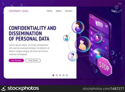 Personal data protection isometric landing page. Internet social networks media cyber privacy, protect confidential information. Smartphone screen with connected human profiles, 3d vector web banner. Personal data protection isometric landing page