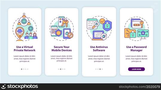 Personal data protection tips onboarding mobile app page screen. Internet safety walkthrough four steps graphic instructions with concepts. UI, UX, GUI vector template with linear color illustrations. Personal data protection tips onboarding mobile app page screen
