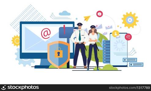 Personal Data Security, Online Communication, Networking and Internet Mailing Protection Trendy Flat Vector Concept. Female, Male Guards in Uniform Protecting Web Users Confidential Data Illustration