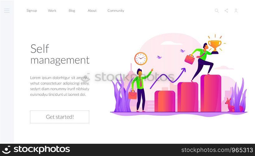 Personal development and goals achievement. Career growth. Self-management, self regulation learning, self-organization course concept. Website homepage header landing web page template.. Self management landing page template