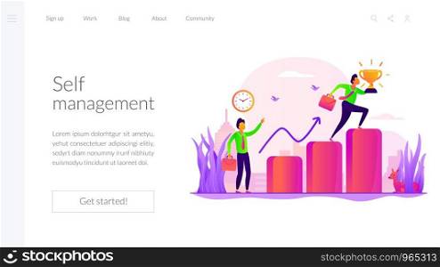 Personal development and goals achievement. Career growth. Self-management, self regulation learning, self-organization course concept. Website homepage header landing web page template.. Self management landing page template