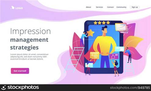 Personal development and self improvement course. Impression management, impression management strategies, social relationships development concept. Website homepage landing web page template.. Impression management concept landing page