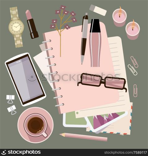 Personal diary on the table. Women&rsquo;s glamorous things. Clock, lipstick, stationery, candles, smartphone. Stylish workplace. Vector flat illustration